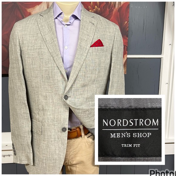 Nordstrom Men's Shop Linen Blazer Jacket Sport Coat 42L Long Trim Fit Bone/Gray